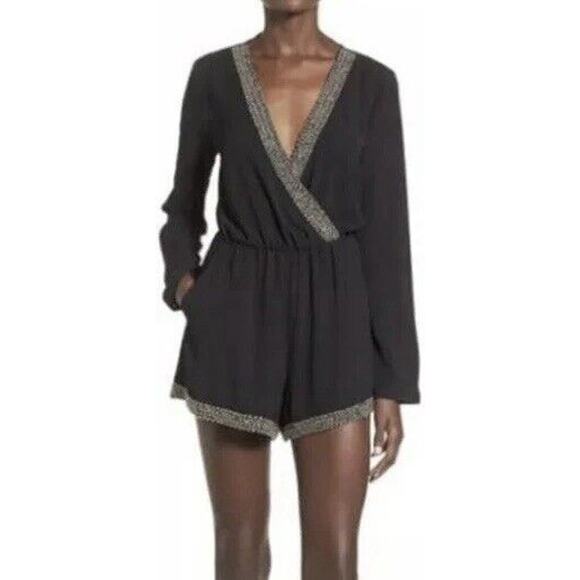ASTR the Label Black Embellished Gerogette Romper Long Sleeve S - Picture 1 of 4